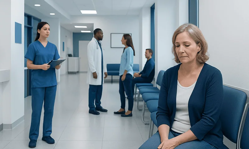 Patients and healthcare professionals in a hospital waiting area.