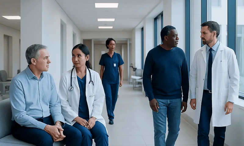 Medical team discussing patient care in hospital corridor.