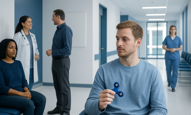 Young man holding a fidget spinner in a hospital corridor.
