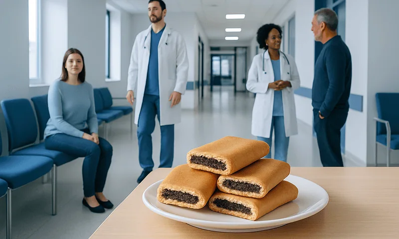 Medical professionals and a patient in a hospital corridor with fig bars in foreground.