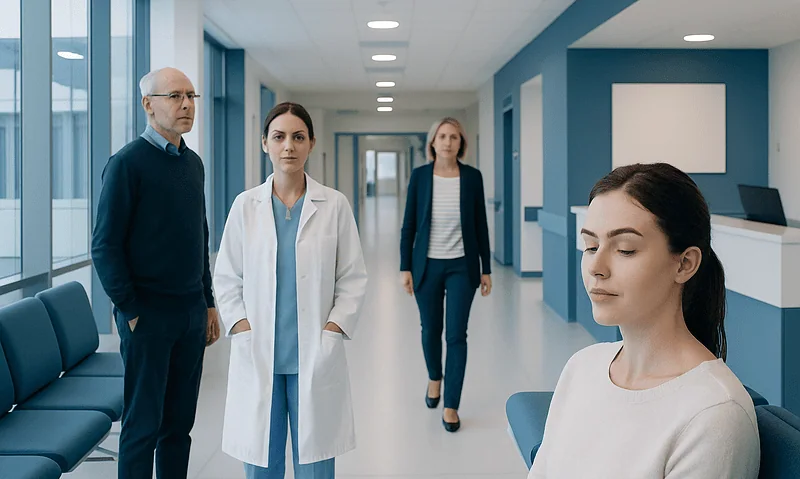 Medical consultation in a modern hospital corridor with healthcare professionals and patient.