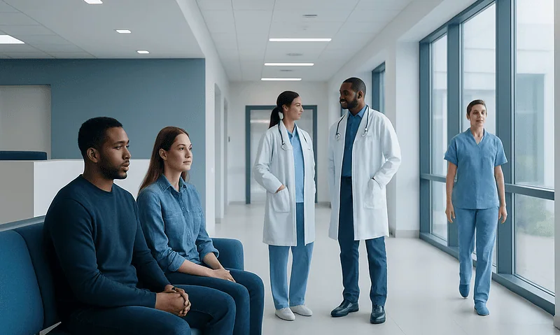 Medical team consulting with patients in a modern hospital corridor.