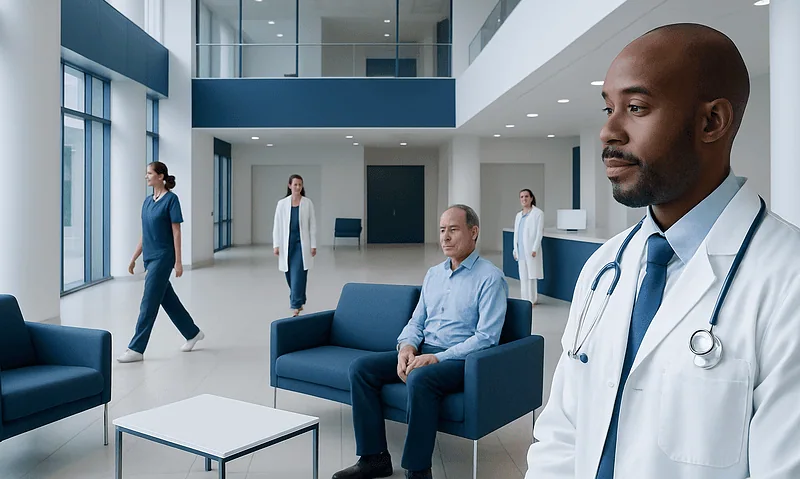 Modern hospital lobby with medical staff and patient in waiting area.