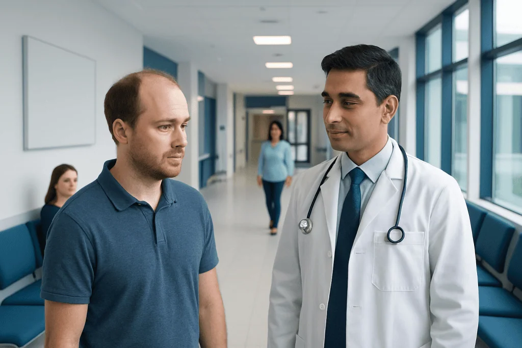 Finasteride for Hair Loss: How It Works, Results Timeline, and Side Effects 1 Doctor consulting male patient in hospital corridor.