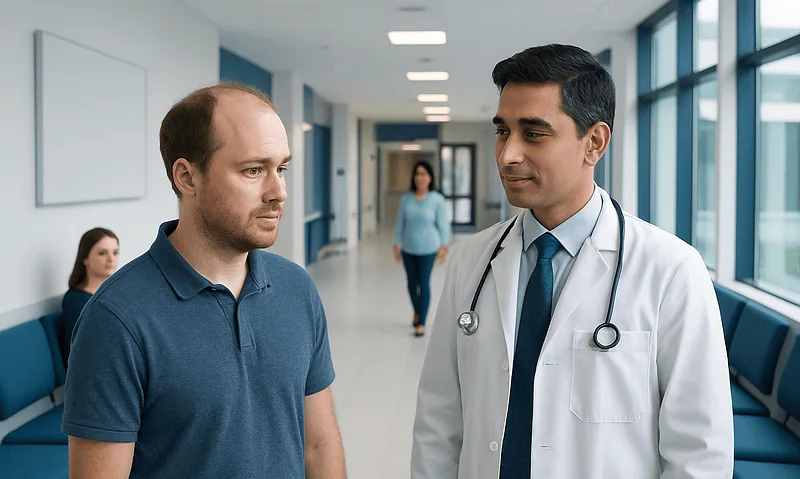 Doctor consulting male patient in hospital corridor.