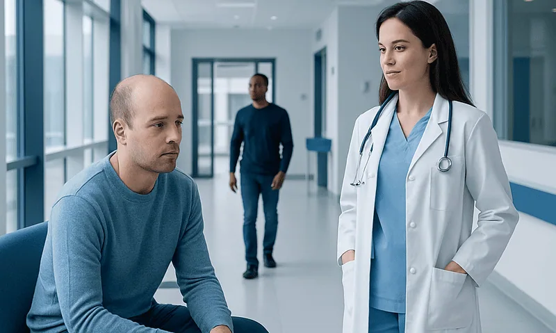 Patient consulting with doctor in hospital corridor.