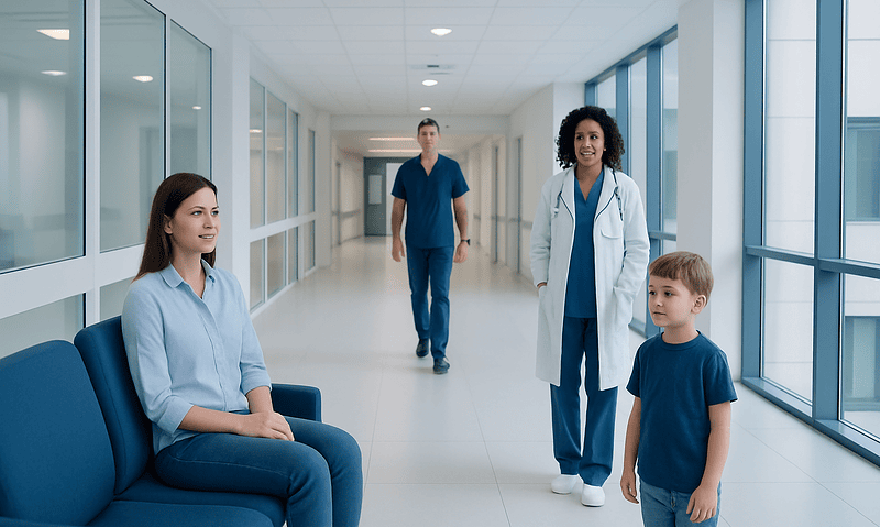 Medical professionals and a young patient in a hospital corridor.
