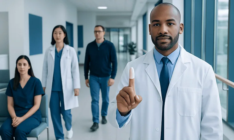 Doctor holding finger condom in hospital corridor for medical overview.