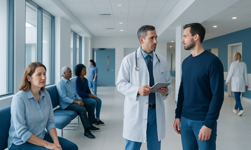 Doctor consulting patient in hospital corridor with waiting patients nearby.