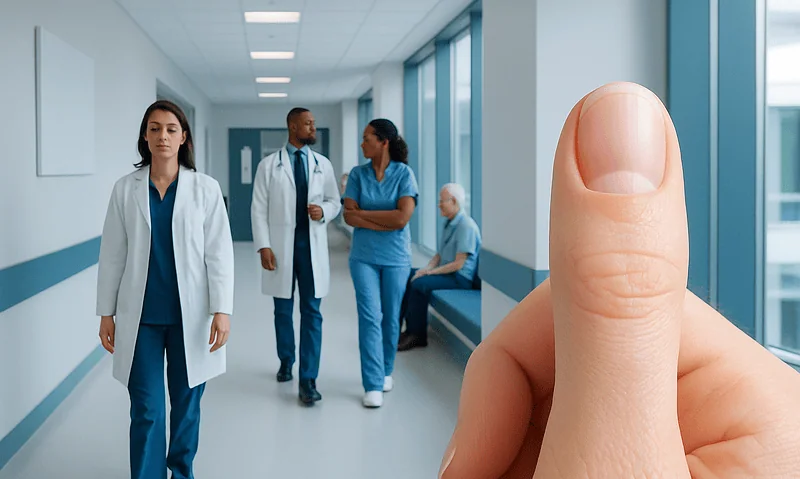 Close-up of a fingernail with a hospital corridor in the background.