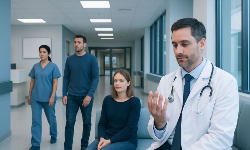 Doctor examining patient's hand in hospital corridor with medical staff nearby.