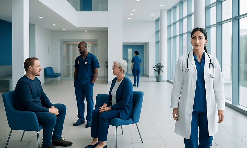 Medical consultation in a modern hospital with doctors and patients.