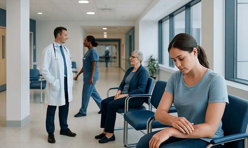 Hospital waiting area with medical staff and patients.