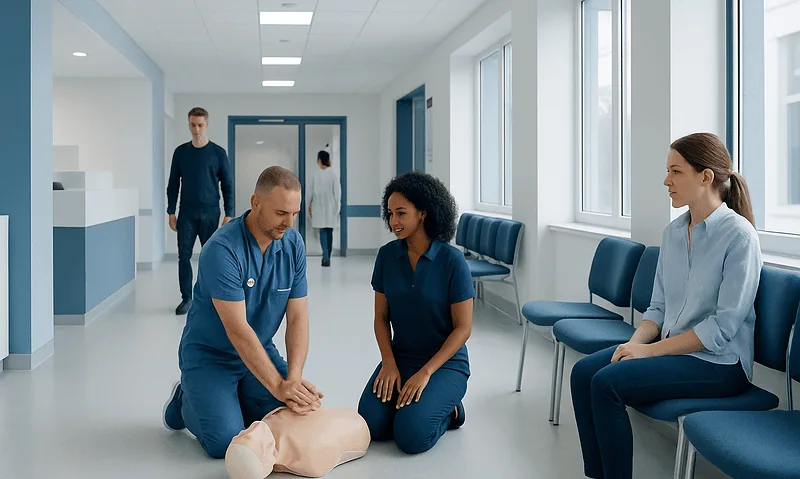 Medical training session with CPR demonstration at Acibadem Hospital.