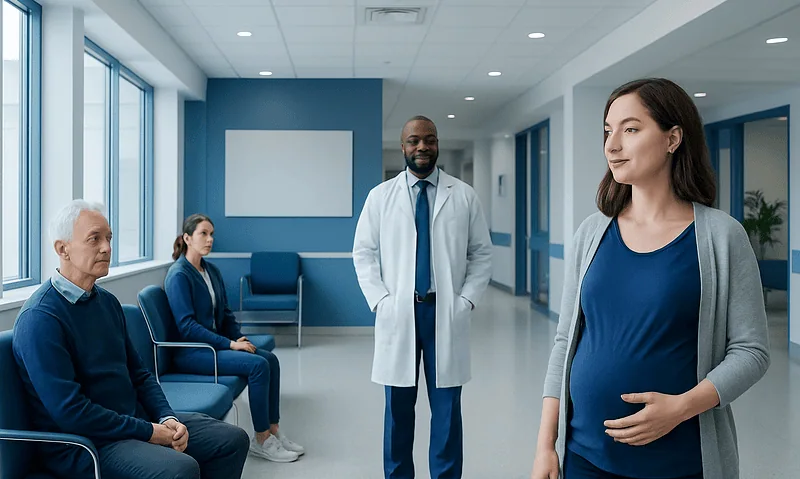 Pregnant woman at a hospital waiting room with medical staff and patients.