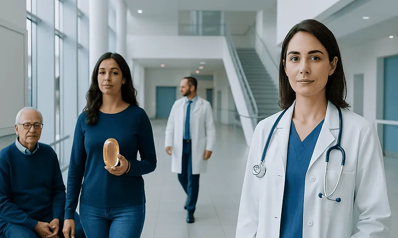 Healthcare professionals and patients in a modern hospital lobby.
