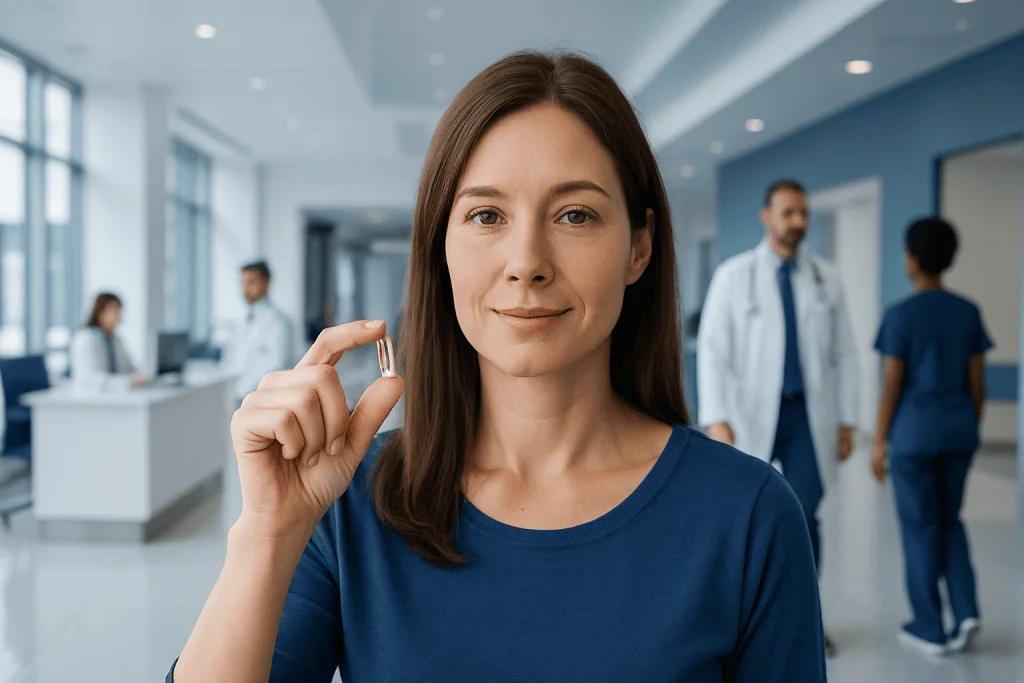 Fish Oil Supplements for Woman: Evidence-Based Benefits, Risks, and Practical Guidance 1 Woman holding fish oil supplement capsule in a hospital setting.