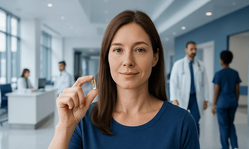 Woman holding fish oil supplement capsule in a hospital setting.