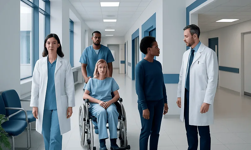 Medical team consulting with a patient in hospital corridor.