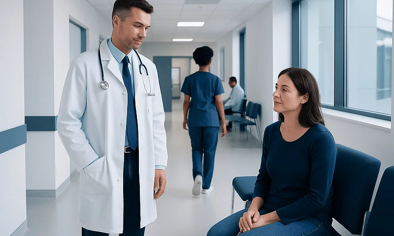 Fissure anale surgery: A Complete Medical Guide for Patients 7 Doctor consulting a patient in a hospital corridor with medical staff in the background.