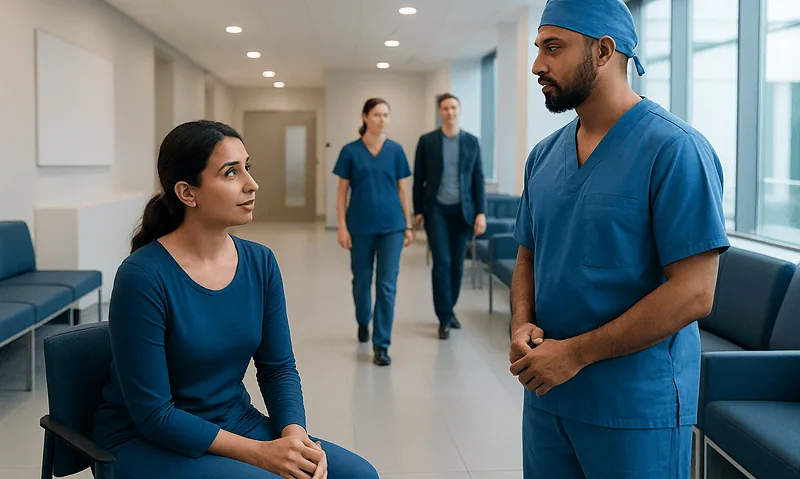 Medical team discussing patient care in hospital corridor.