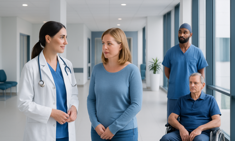 Medical consultation with healthcare professionals and patient in hospital corridor.