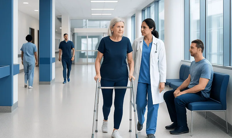 Fitness for Hips: An Evidence-Based Guide for Patients 8 Elderly woman walking with a walker in a hospital corridor with medical staff and patients.