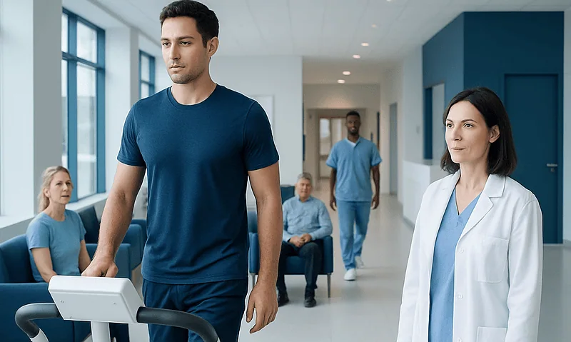Young man walking on treadmill in hospital corridor with medical staff and patients.