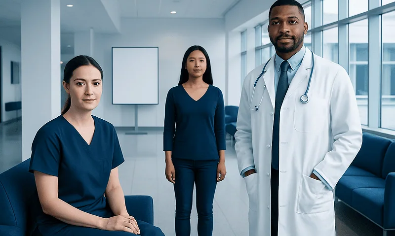 Medical team in a modern hospital setting with large windows and natural light.