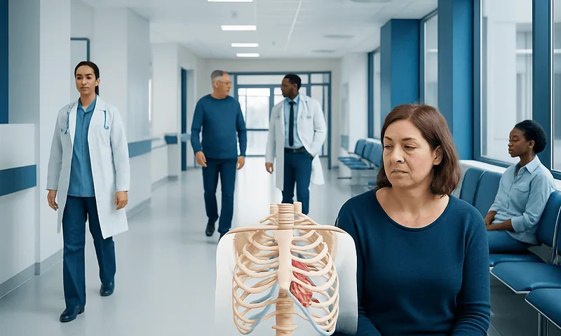 Medical staff and patient in hospital corridor with rib cage model.