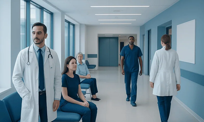 Medical professionals and patients in a hospital corridor at Acibadem Hospitals Group.