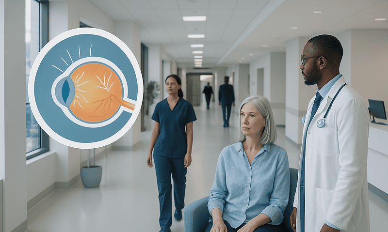 Eye examination in a hospital corridor with medical staff and patient.