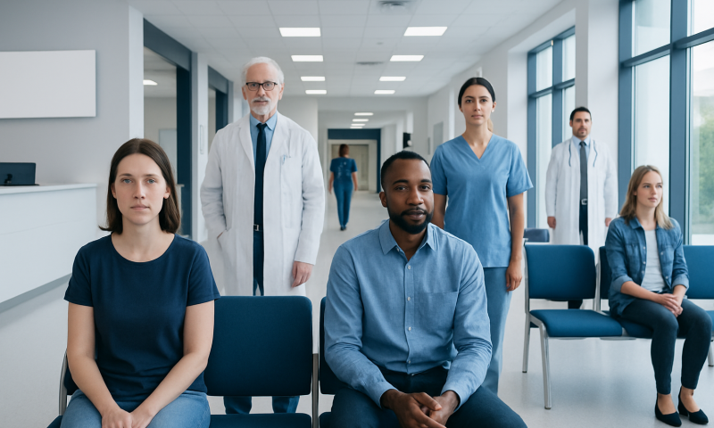Diverse group of patients and medical staff in a hospital waiting area.