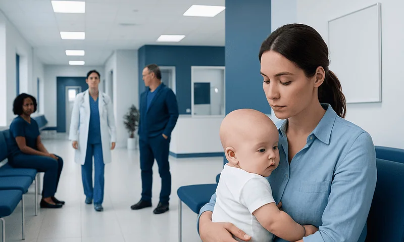 Infant with flat head syndrome in a hospital waiting area.
