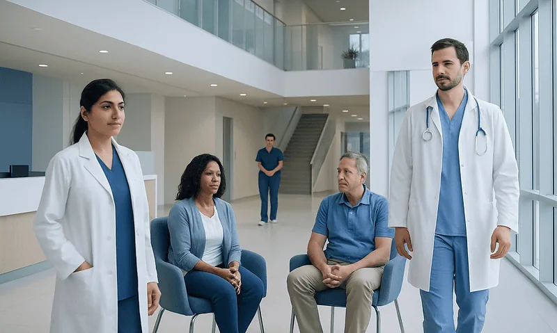 Medical consultation in a modern hospital with doctors and patient.
