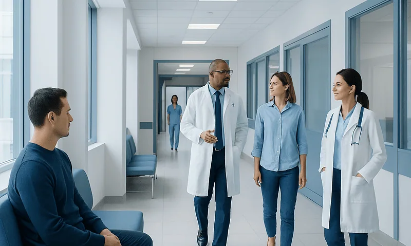 Medical team consulting with patient in hospital corridor.