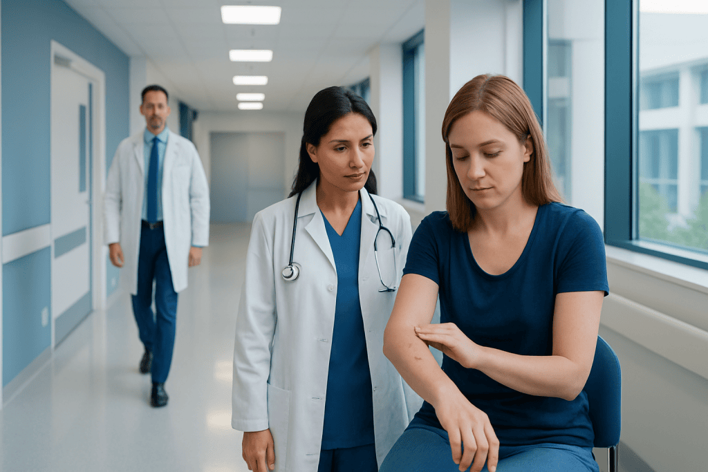 Flea Bites on Humans: A Complete Medical Overview 1 Doctor examining a patient's arm in a hospital corridor.