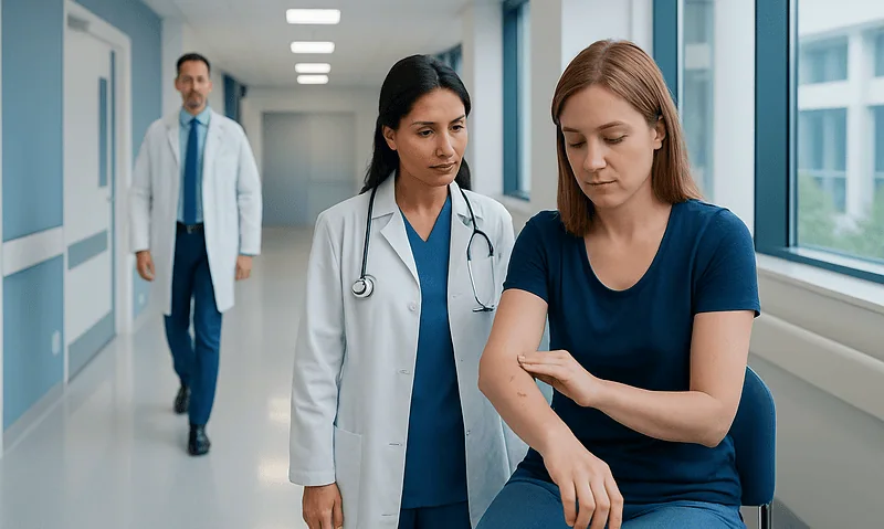 Doctor examining a patient's arm in a hospital corridor.