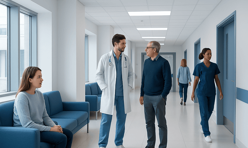 Medical team consulting with patient in hospital corridor.