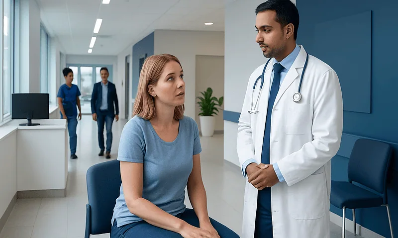 Doctor consulting a patient in a hospital corridor.