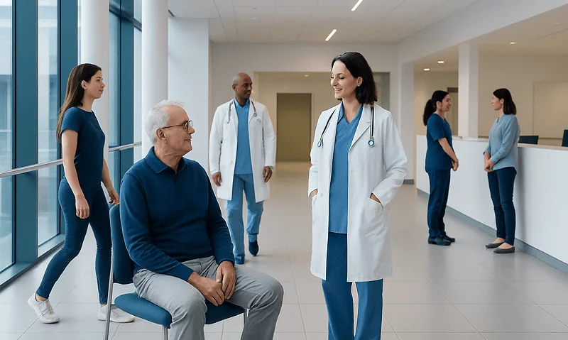 Healthcare professionals and patient in a modern hospital lobby.