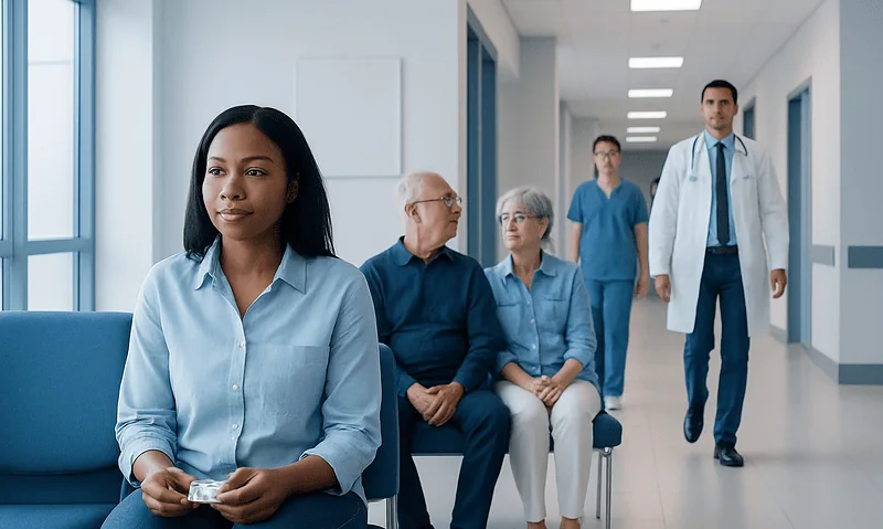 Flecainide: What Patients Need to Know 3 Diverse group of patients and healthcare professionals in hospital corridor.