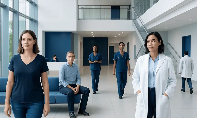 Healthcare professionals and staff in a modern hospital lobby.