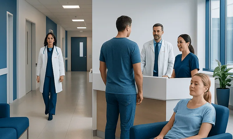 Patients and medical staff in a modern hospital reception area.