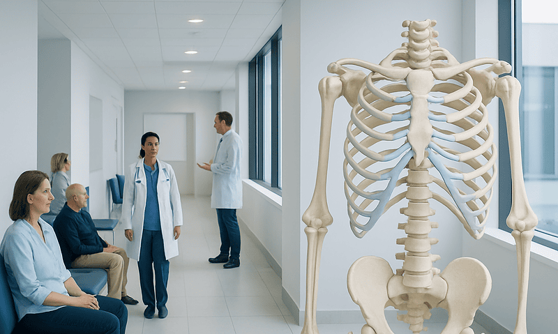Medical team discussing patient care in hospital corridor with skeleton model.
