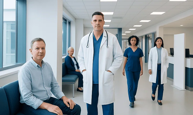 Medical team in hospital corridor with patients and staff.