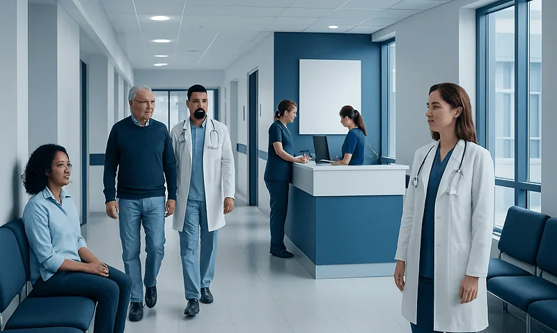 Medical professionals and patients in a modern hospital corridor.