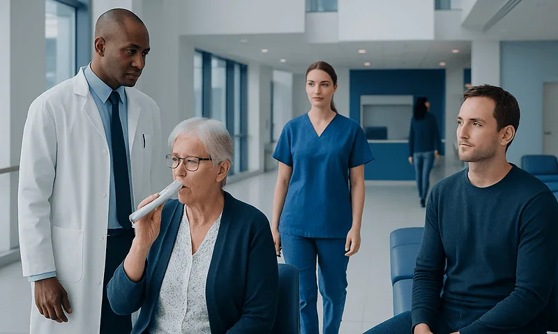Elderly woman using a spirometer with healthcare professionals in hospital.