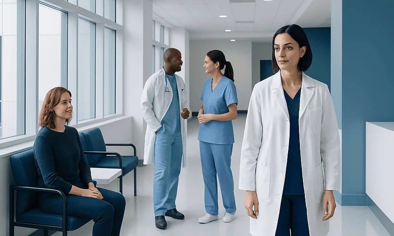 Medical team discussing patient care in hospital corridor at Acibadem Hospitals.