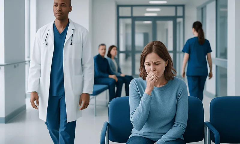 Patient with flu-like symptoms in a hospital waiting area.